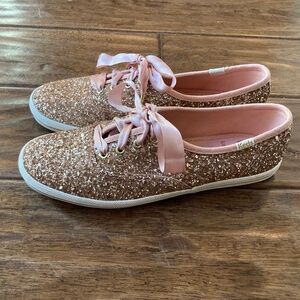 Kate Spade X Keds Sneaker Women Size 6.5 Glitter Rose Gold Pink Satin Laces